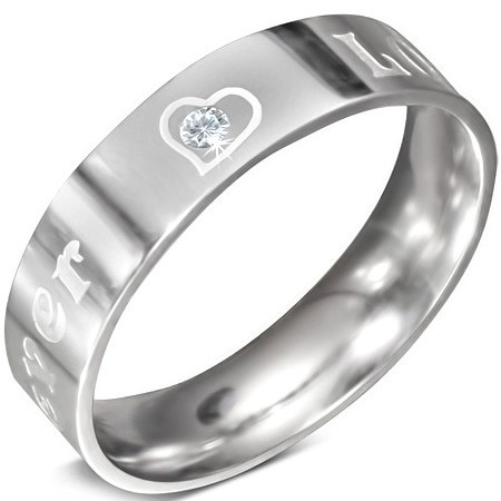Oceľový prsteň - nápis FOREVER LOVE a zirkón, 6 mm - Veľkosť: 59 mm