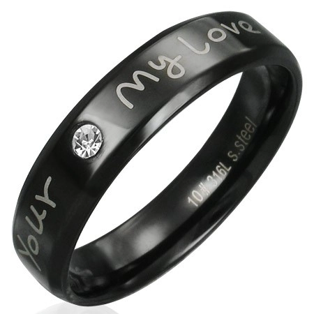 Prsteň z ocele - čierny s vyznaním lásky a čírym zirkónom - Veľkosť: 57 mm