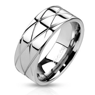 Lesklý oceľový prsteň - šikmé zárezy  - Veľkosť: 66 mm