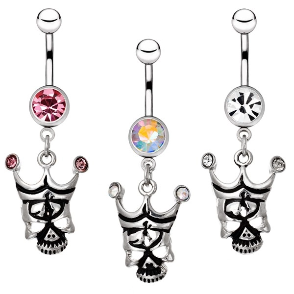 Oceľový piercing do pupku - lebka s korunou a zirkónmi - Farba zirkónu: Ružová - P