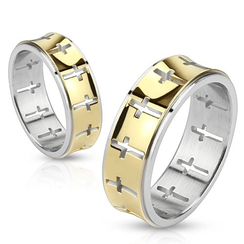 Oceľový prsteň - pásik zlatej farby s vyrezanými krížmi - Veľkosť: 69 mm