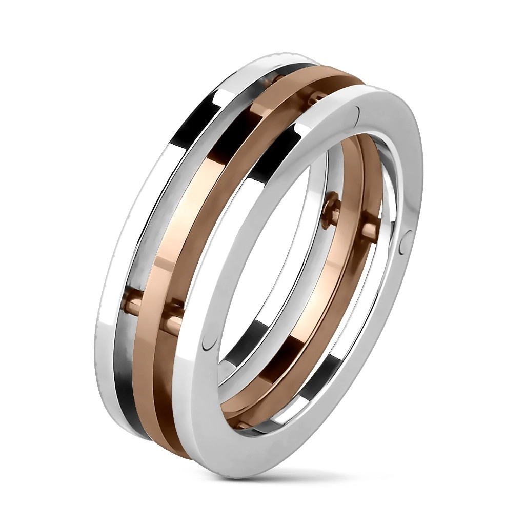 Oceľový prsteň - tri pruhy, stredový pás medenej farby - Veľkosť: 62 mm