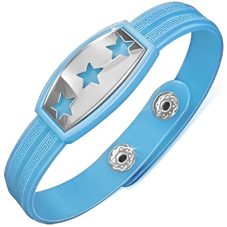 Modrý gumený náramok s hviezdami na oceľovej známke