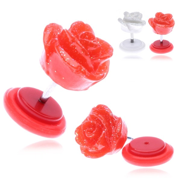 Falošný piercing do ucha z akrylu s trblietavou ružičkou - Farba piercing: Červená