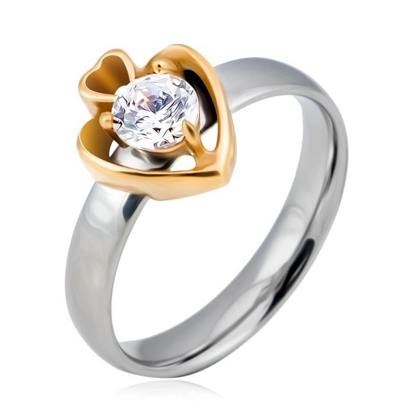 Oceľový prsteň, kruh striebornej farby a dve srdcia zlatej farby so zirkónom - Veľkosť: 58 mm