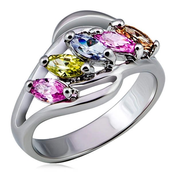 Kovový prsteň, rozvetvené ramená s farebnými zirkónmi v rade - Veľkosť: 61 mm