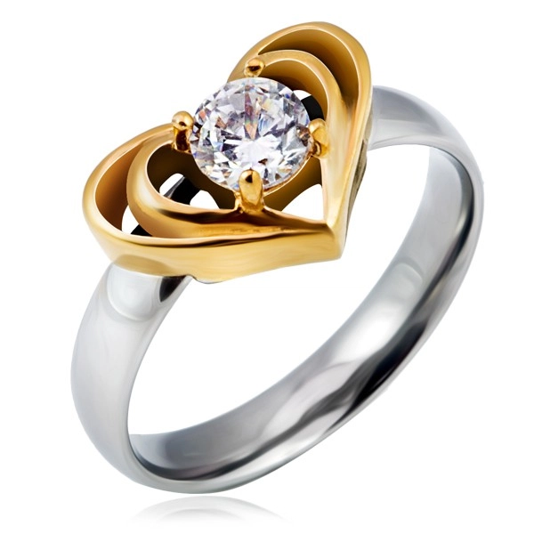 Oceľový prsteň striebornej farby s dvojitým srdcom zlatej farby, číry zirkón - Veľkosť: 51 mm