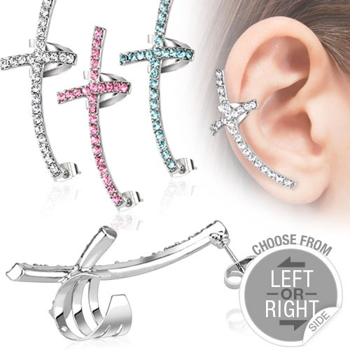 Fake piercing do ucha z ocele - farebný prehnutý kríž so zirkónmi - Tvar: Ľavý, Farba zirkónu: Ružová - P