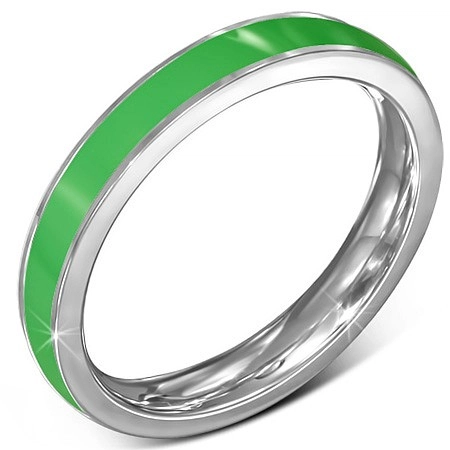 Tenký oceľový prsteň - obrúčka, zelený pruh, okraj striebornej farby - Veľkosť: 54 mm