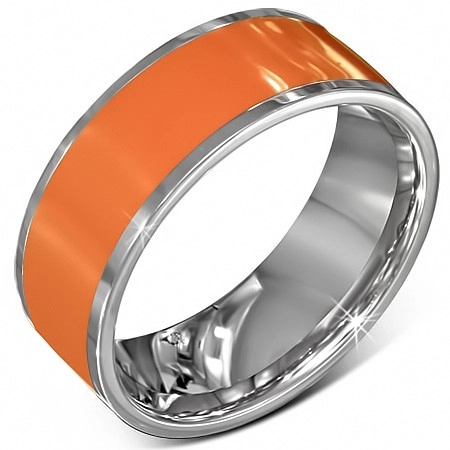 Hladká oceľová obrúčka v oranžovej farbe s okrajom striebornej farby - Veľkosť: 64 mm