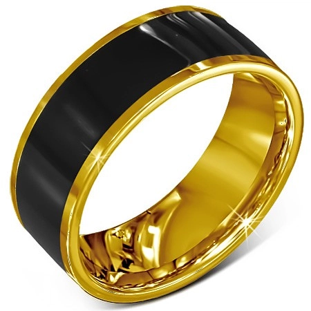 Prsteň z chirurgickej ocele - hladká čierna obrúčka, lem zlatej farby - Veľkosť: 59 mm