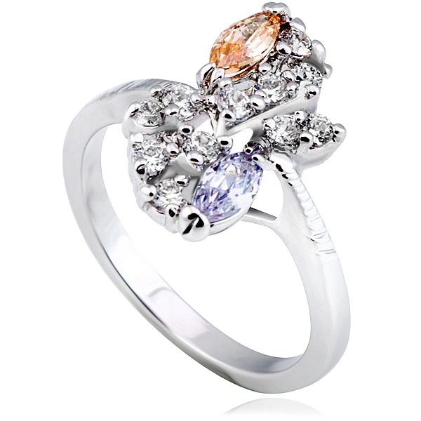 Lesklý prsteň z kovu - strieborná farba, kvet, farebné zirkóny v diagonále - Veľkosť: 59 mm