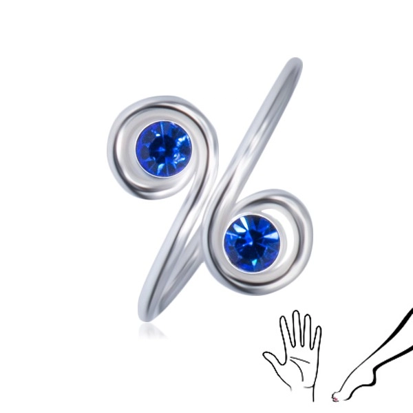 Strieborný prsteň 925 na ruku alebo nohu - dva modré zirkóny v špirálach