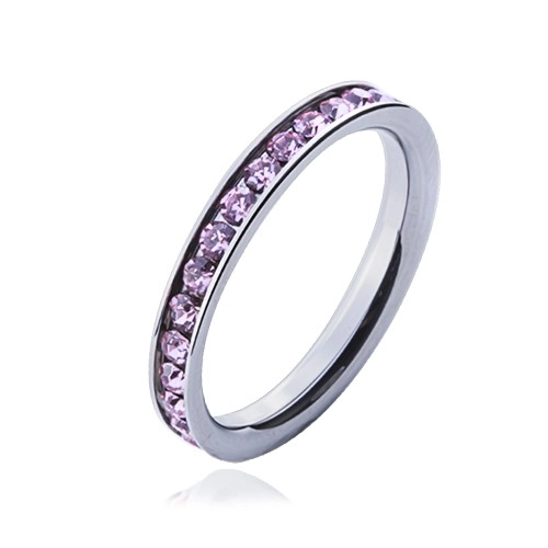 Prsteň s ružovými zirkónmi - oceľová obrúčka - Veľkosť: 58 mm