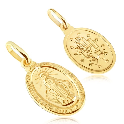 Zlatý prívesok 585 - oválna známka so symbolmi Panny Márie