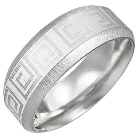 Oceľový prsteň so vzorom gréckeho kľúča, skosené hrany - Veľkosť: 70 mm