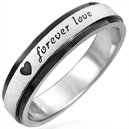 Oceľový prsteň s čiernymi krajmi, Forever Love - Veľkosť: 54 mm