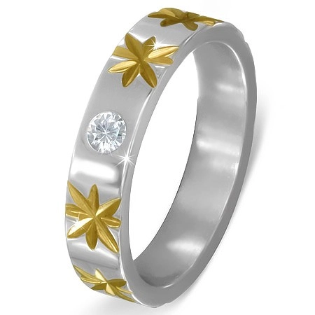 Oceľový prsteň striebornej farby s hviezdami zlatej farby a čírym zirkónom - Veľkosť: 62 mm