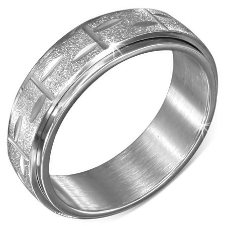 Prsteň z ocele striebornej farby - točiaca sa pieskovaná obruč s ryhami - Veľkosť: 61 mm