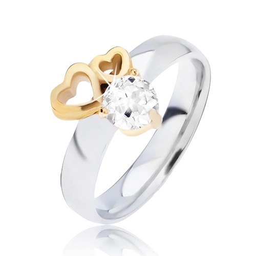 Lesklý oceľový prsteň so obrysmi sŕdc zlatej farby a čírym zirkónom - Veľkosť: 58 mm
