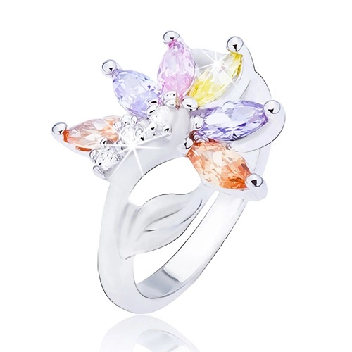 Lesklý oceľový prsteň, striebornej farby, kvet s farebnými zirkónovými lupeňmi - Veľkosť: 59 mm