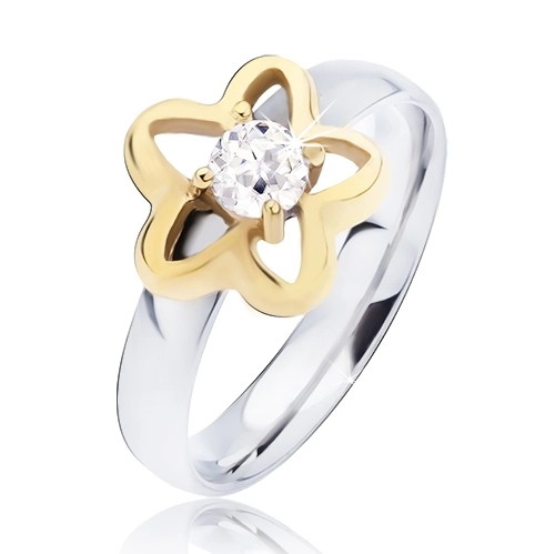 Oceľový prsteň, obrys hviezdy zlatej farby s čírym okrúhlym zirkónom - Veľkosť: 60 mm
