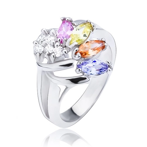 Lesklý prsteň striebornej farby, vejár z farebných a čírych zirkónov - Veľkosť: 52 mm
