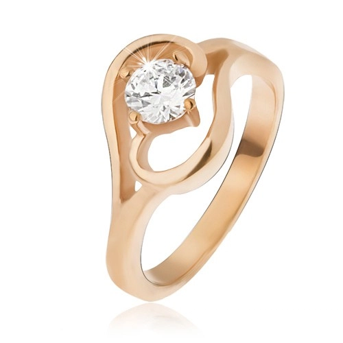 Oceľový prsteň zlatej farby, ramená ukončené vlnkou, číry zirkón - Veľkosť: 60 mm