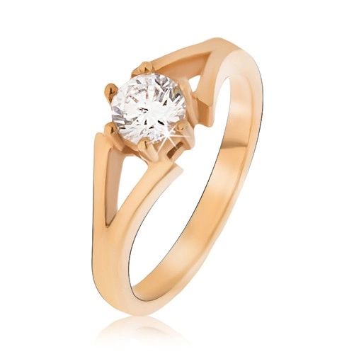 Oceľový prsteň zlatej farby, rozvetvujúce sa ramená, číry kamienok - Veľkosť: 55 mm