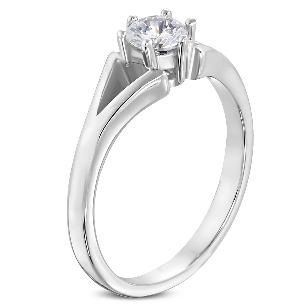 Oceľový prsteň striebornej farby - zásnubný, rozdelené ramená, číry zirkón - Veľkosť: 51 mm