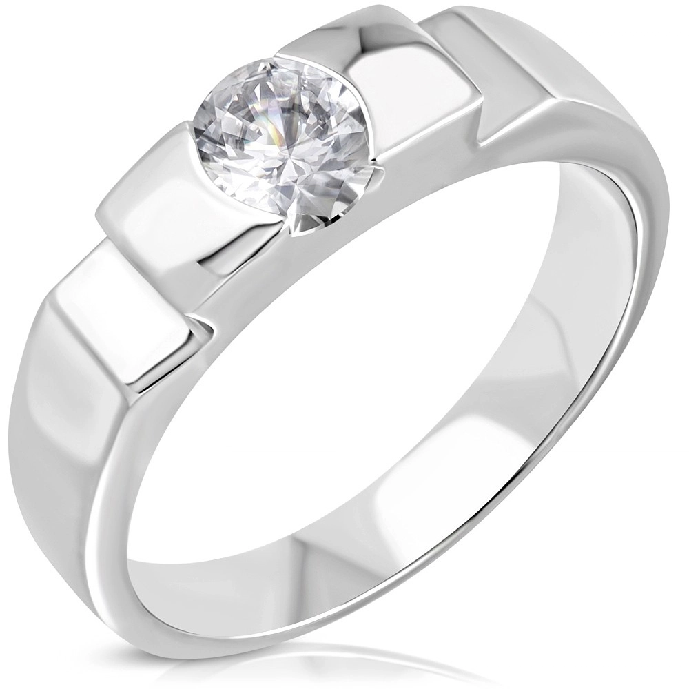 Zásnubný oceľový prsteň s vystupujúcim stredom a bočnými zárezmi - Veľkosť: 57 mm