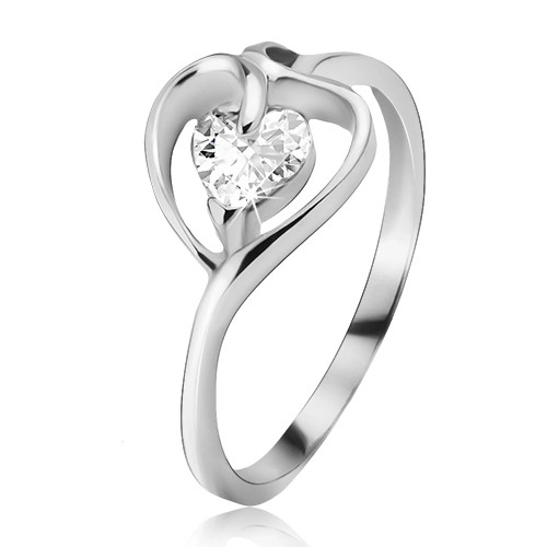Strieborný prsteň 925, kontúra srdca s čírym zirkónom - Veľkosť: 67 mm