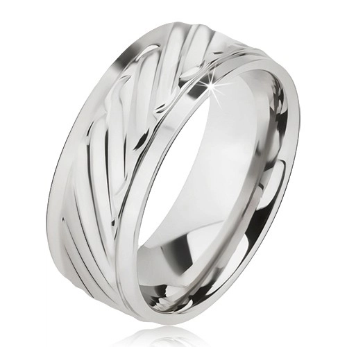 Lesklý prsteň z ocele - obrúčka so šikmými ryhami, znížené okraje - Veľkosť: 62 mm