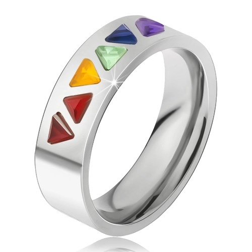 Lesklý prsteň z ocele, farebné trojuholníkové kamienky - Veľkosť: 67 mm