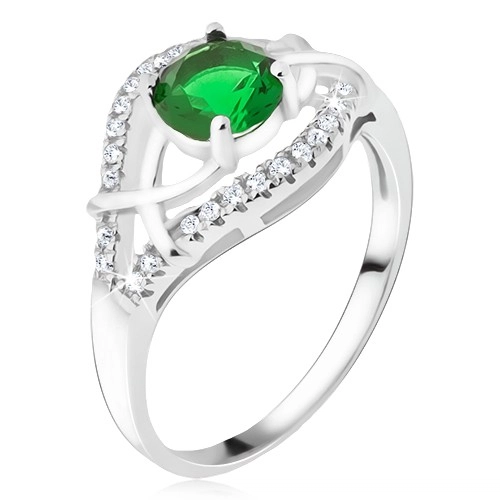 Strieborný prsteň 925 - zelený okrúhly kamienok, zirkónové ramená - Veľkosť: 54 mm