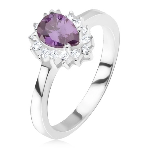 Strieborný prsteň 925 - fialový slzičkový kamienok, zirkónová obruba - Veľkosť: 59 mm