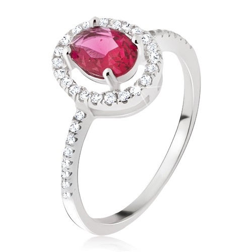Strieborný prsteň 925 - oválny ružovočervený kamienok, zirkónová obruba - Veľkosť: 62 mm
