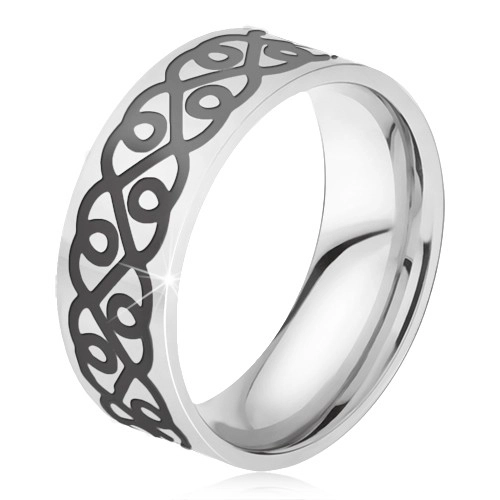 Oceľový prsteň - obrúčka striebornej farby, hrubý čierny ornament, srdcia - Veľkosť: 67 mm