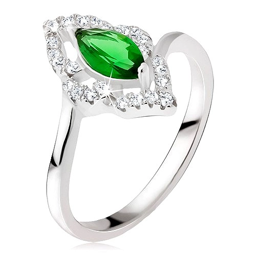 Strieborný prsteň 925 - elipsovitý kamienok zelenej farby, zirkónová kontúra - Veľkosť: 54 mm