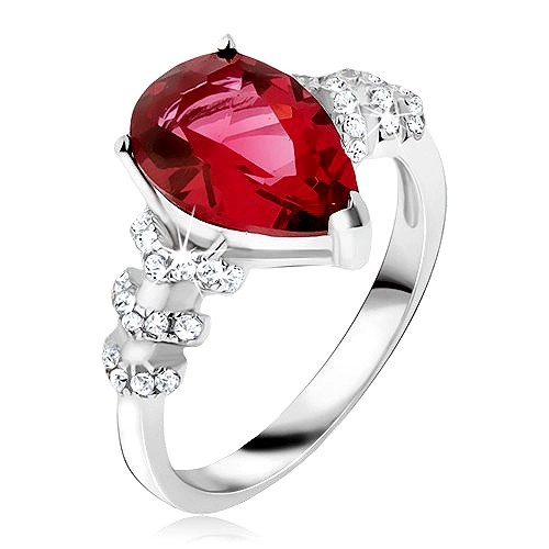 Prsteň zo striebra 925 - červený slzičkový kameň, číre zirkónové šípky - Veľkosť: 68 mm