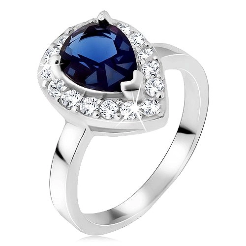Strieborný prsteň 925, modrý slzičkový kameň so zirkónovým lemom - Veľkosť: 51 mm