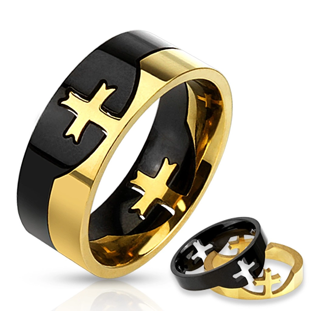 Dvojdielny prsteň čierno-zlatej farby z chirurgickej ocele, kríž - Veľkosť: 59 mm