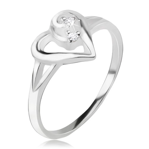 Srdiečkový prsteň, obrys asymetrického srdca, číre kamienky, striebro 925 - Veľkosť: 56 mm