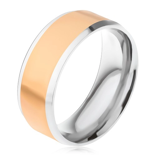 Oceľový prsteň, stredový pás zlatej farby, šikmé okraje striebornej farby - Veľkosť: 62 mm