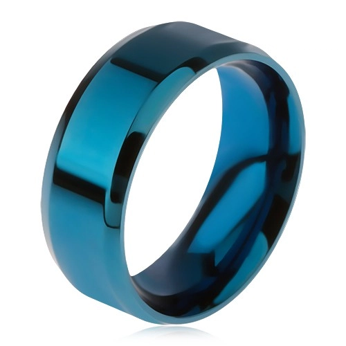 Lesklý oceľový prsteň modrej farby, skosené okraje - Veľkosť: 57 mm