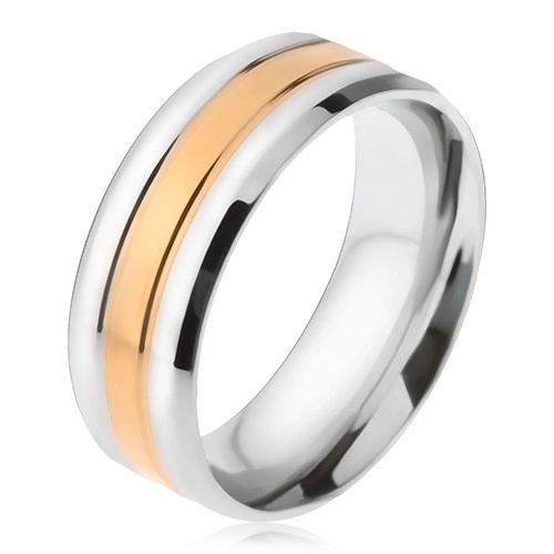 Oceľový prsteň, pásy striebornej a zlatej farby, zošikmené okraje - Veľkosť: 62 mm