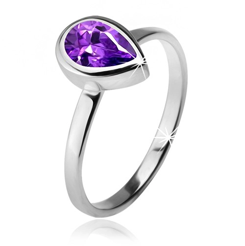 Prsteň s fialovým slzičkovým kamienkom v objímke, striebro 925 - Veľkosť: 52 mm