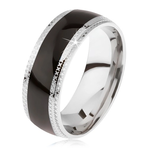 Oceľový prsteň, lesklý čierny stredový pás, ryhované okraje - Veľkosť: 64 mm