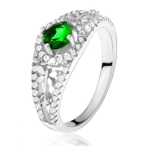 Číry zirkónový prsteň so zeleným kamienkom, vážky, striebro 925 - Veľkosť: 61 mm