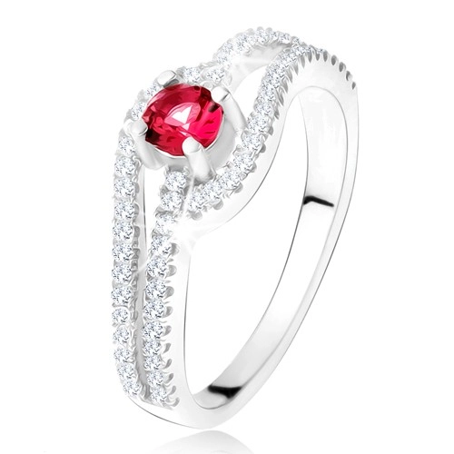 Prsteň so zvlnenými zirkónovými ramenami, červený kameň, striebro 925 - Veľkosť: 59 mm